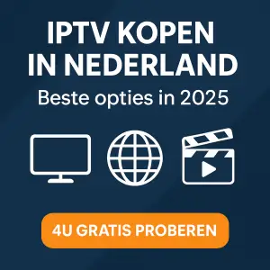 Promotiebanner voor IPTV kopen in Nederland met pictogrammen van een tv, wereldbol en videospeler, en een oranje knop met de tekst ‘4U GRATIS PROBEREN