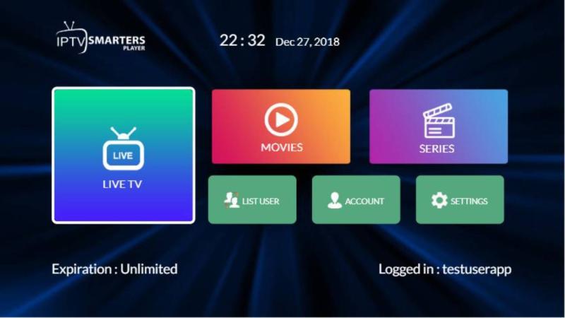 IPTV Smarters Pro interface met live TV kanalen en menu